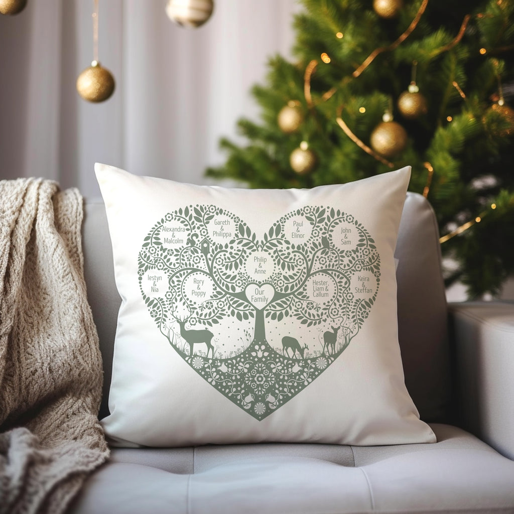 Personalised Woodland Family Tree Heart Cushion