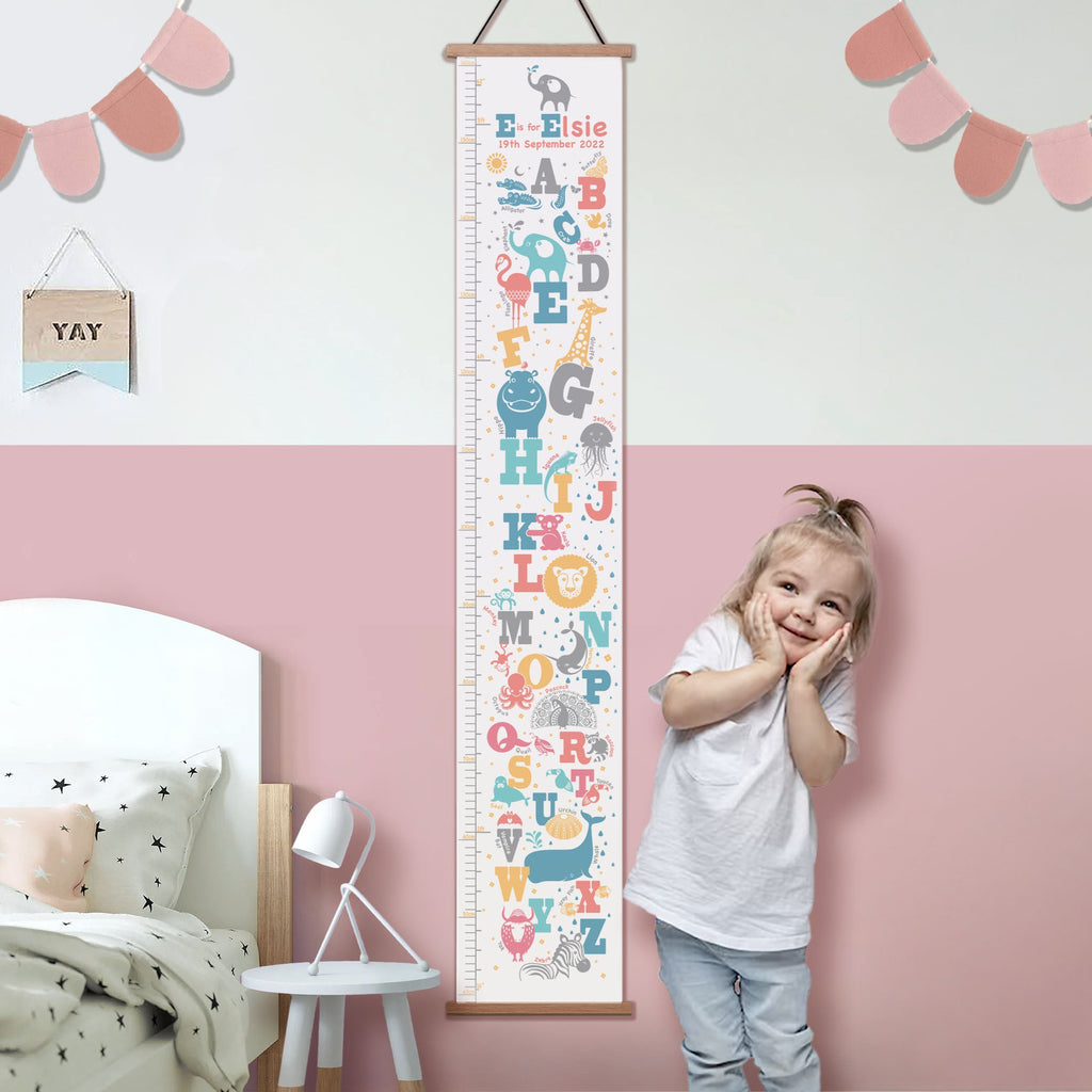 Personalised animal alphabet height chart in Pastel colours with oak hangers